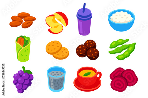 Nutritious Snack Icons. Isometric vector illustration set Nutritious snack pack: almonds, apple slices, protein shake, cottage
