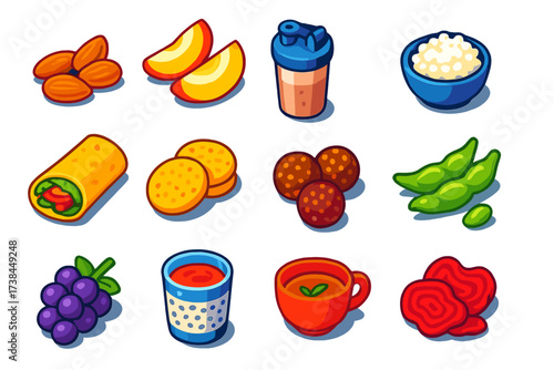 Nutritious Snack Icons. Isometric vector illustration set Nutritious snack pack: almonds, apple slices, protein shake, cottage