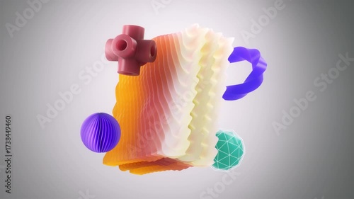 3D Primitives Shapes Motion in a Seamless Loop. Abstract 3D shapes in vibrant colors dynamically shifting and transforming, showcasing a continuous flow of geometric forms and textures