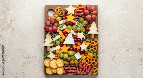 Festive holiday charcuterie board with cheese, grapes, crackers, and meats arranged in a Christmas tree shape.