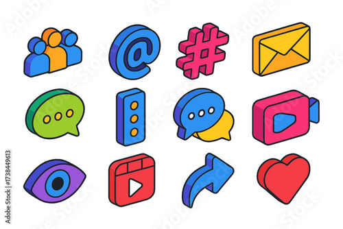 Isometric Networking Icons. Isometric vector icon set networking essentials: group users, mention @, hashtag symbol, email