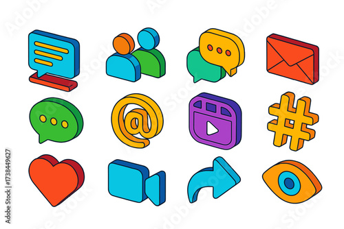 Colorful Social Media Icons. Isometric vector icon set online communities: forum menu, group users, chat bubbles, email envelope,