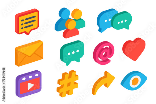 Colorful Social Media Icons. Isometric vector icon set online communities: forum menu, group users, chat bubbles, email envelope,