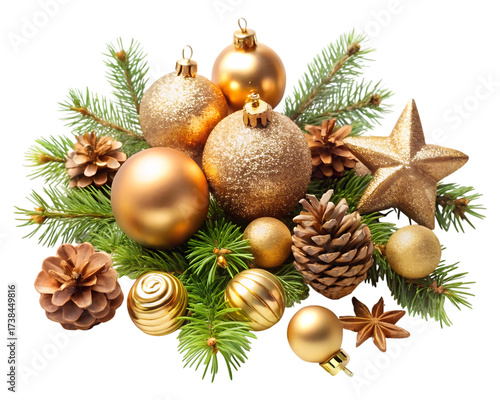 Assortment of golden christmas baubles and pinecones isolated on transparent background