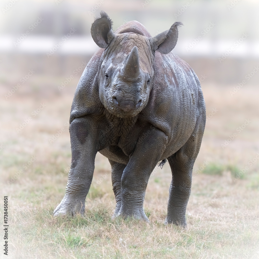 Fototapeta premium Black Rhinoceros Calf Standing in a Field