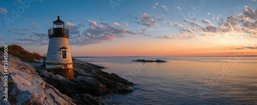 Classic Lighthouse Overlooking Tranquil Sea at Sunset
