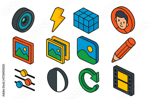 Vibrant Photo Icons. Isometric vector icon set photo capture: camera lens, flash bolt, grid squares, portrait face, photo frame,