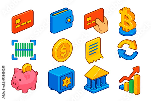 Banking Icons Set. Isometric vector icon set modern banking: credit card, wallet, payment hand, bitcoin B, barcode scan, coin