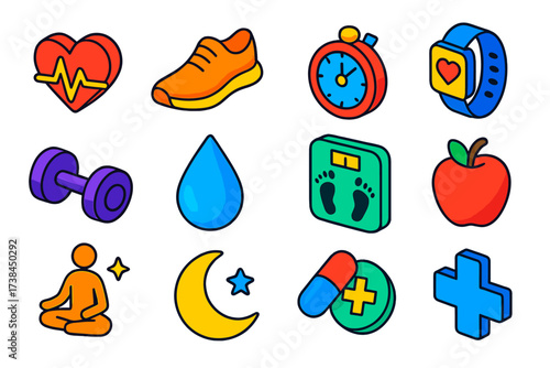 Vibrant Cardio Icon Set. Isometric vector icon set cardio training: heart rate, running shoe, workout timer, fitness tracker,