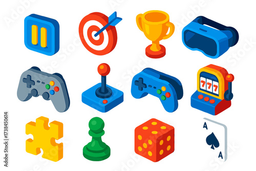 Gaming Icons Collection. Isometric vector icon set gaming modes: pause menu, target, trophy, gamepad, joystick, controller, VR