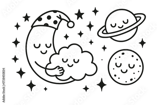 Sleepy Moon and Stars. Vector doodle stickers: sleepy moon hugging a cloud, tiny sparkly stars, smiling planets, white outline,