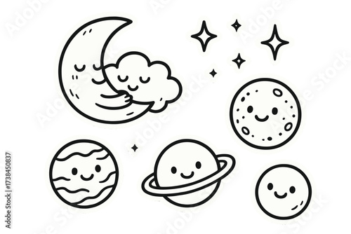 Sleepy Moon and Stars. Vector doodle stickers: sleepy moon hugging a cloud, tiny sparkly stars, smiling planets, white outline,