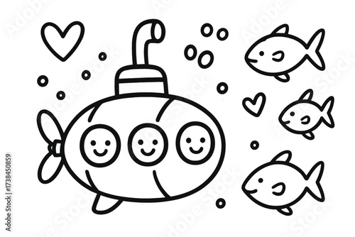 Whimsical Submarine Adventure. Vector doodle stickers: submarine with happy windows, fish companions, bubbles shaped like hearts,