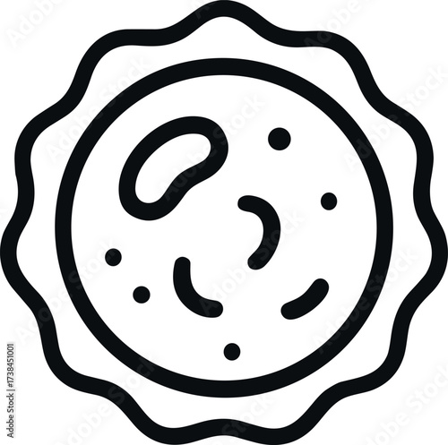 A simple black and white vector illustration of a round microorganism or cell with inner organic shapes, symbolizing biology, bacteria, or microscopic life.