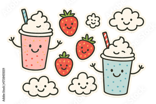 Cheerful Milkshake Doodles. Cheerful doodle stickers: milkshake cups with straws as arms, strawberries smiling, whipped cream