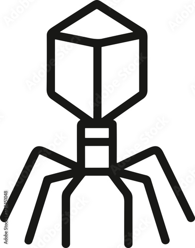A black and white vector illustration of a bacteriophage virus with a geometric head and spindly legs, symbolizing molecular biology and virology.
