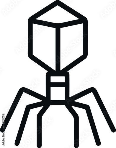 A black and white vector illustration of a bacteriophage virus with a geometric head and spindly legs, symbolizing molecular biology and virology.