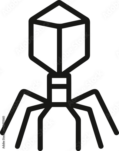 A black and white vector illustration of a bacteriophage virus with a geometric head and spindly legs, symbolizing molecular biology and virology.