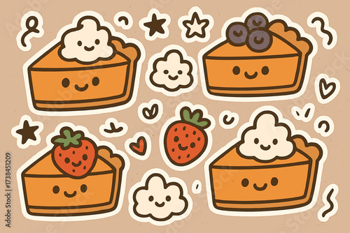 Whimsical Dessert Stickers. Tasty doodle stickers: pie slices with eyes, whipped cream clouds, berry toppings smiling, simplified