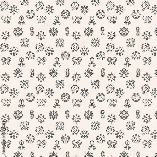 Seamless scientific pattern featuring hand-drawn virus, bacteria, and microbe icons in a clean black outline on a beige background, ideal for educational and medical design projects.