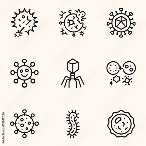 A set of minimal black and white vector icons representing various viruses, bacteria, and microorganisms in a modern scientific line-art style.