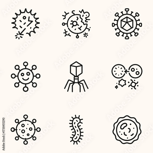 A set of minimal black and white vector icons representing various viruses, bacteria, and microorganisms in a modern scientific line-art style.
