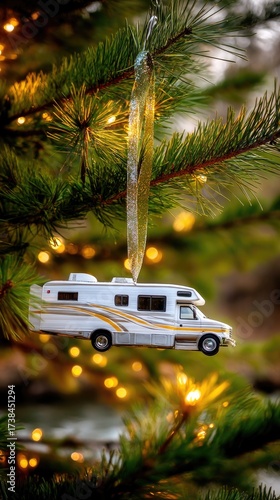 A charming ornament shaped like a camper hangs from a green tree, adding a playful touch to holiday decorations in a cozy setting