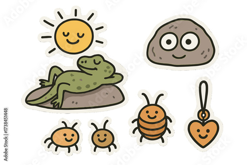Lizard Sunbathing Doodle. Funny doodle stickers: lizard sunbathing on a rock with eyes, tiny bugs smiling, doodle charm, white