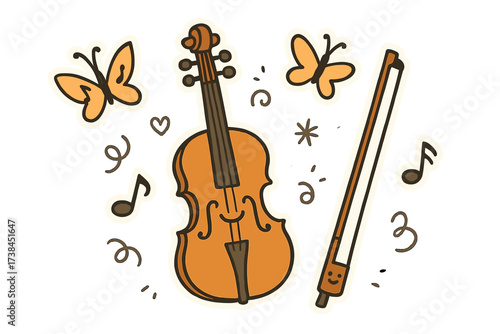 Doodle Violin Stickers. Lovely doodle stickers: violin with a happy bow, notes flying like butterflies, doodle charm, white