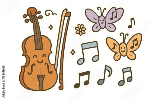 Doodle Violin Stickers. Lovely doodle stickers: violin with a happy bow, notes flying like butterflies, doodle charm, white