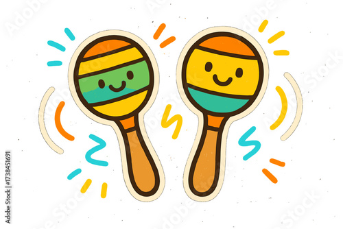 Joyful Maracas Stickers. Bright doodle stickers: maracas with happy faces, sound waves glowing, simplified doodle forms, white