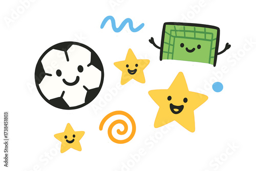 Playful Soccer Doodles. Playful doodle stickers: smiling soccer ball, tiny goal posts waving, cheering stars, simplified doodle