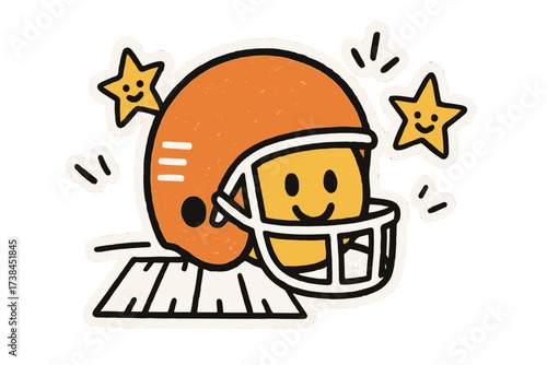 Cheerful Football Helmet. Playful doodle stickers: football helmet with a happy face, tiny field lines, cheering stars, simplified