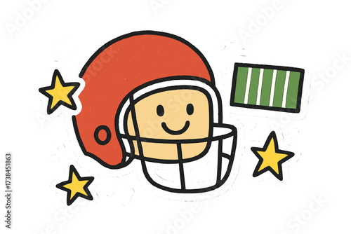 Cheerful Football Helmet. Playful doodle stickers: football helmet with a happy face, tiny field lines, cheering stars, simplified