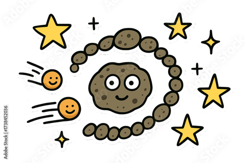 Whimsical Cosmic Doodles. Funny doodle stickers: asteroid belt with eyes, tiny comets smiling, stars twinkling, simplified doodle