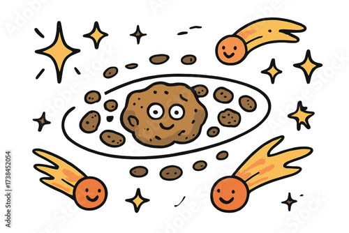 Whimsical Cosmic Doodles. Funny doodle stickers: asteroid belt with eyes, tiny comets smiling, stars twinkling, simplified doodle