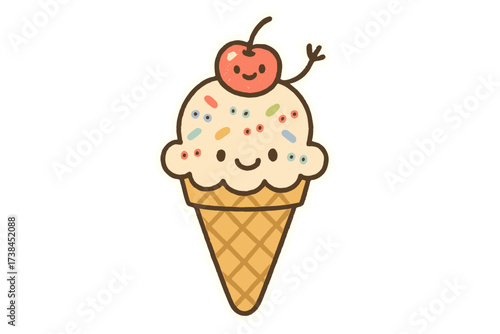 Playful Ice Cream Doodle. Cute doodle stickers: ice cream cone with a smiling face, sprinkles with tiny eyes, cherry on top waving