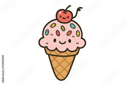 Playful Ice Cream Doodle. Cute doodle stickers: ice cream cone with a smiling face, sprinkles with tiny eyes, cherry on top waving