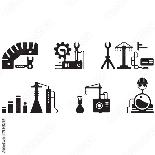 Collection of industrial icons representing manufacturing and engineering processes
