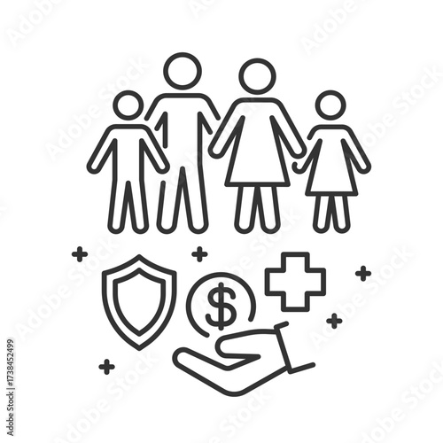 financial support, social benefits icon, insurance, medical care, linear vector illustration