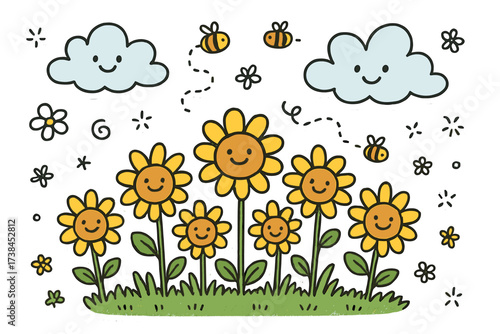 Whimsical Sunflower Stickers. Whimsical doodle stickers: smiling sunflower field, tiny bees and clouds floating, playful doodle
