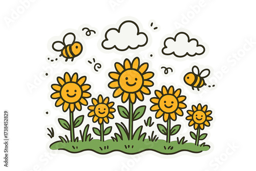 Whimsical Sunflower Stickers. Whimsical doodle stickers: smiling sunflower field, tiny bees and clouds floating, playful doodle