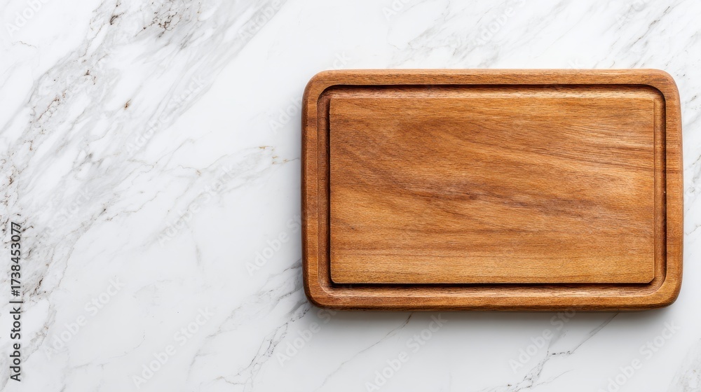 Fototapeta premium Clean Wooden Cutting Board on White Marble Background