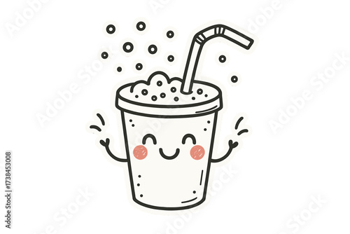 Whimsical Soda Stickers. Whimsical doodle stickers: happy soda cup, tiny bubbles and straws waving, cheerful doodle charm, white