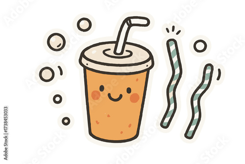 Whimsical Soda Stickers. Whimsical doodle stickers: happy soda cup, tiny bubbles and straws waving, cheerful doodle charm, white