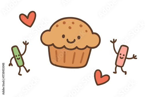 Playful Muffin Stickers. Delightful doodle stickers: smiling muffin, tiny sprinkles and hearts waving, playful doodle style, white