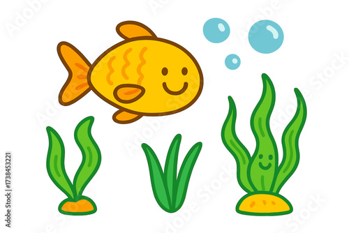 Cheerful Fish Doodles. Bright doodle stickers: smiling fish, tiny bubbles and plants waving, cheerful doodle charm, white outline,