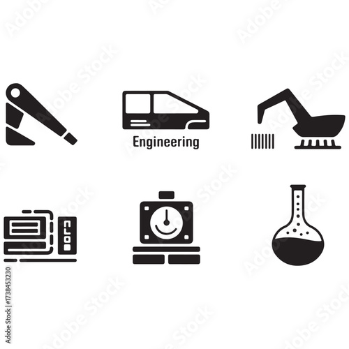 Collection of industrial and scientific icons representing manufacturing and research concepts