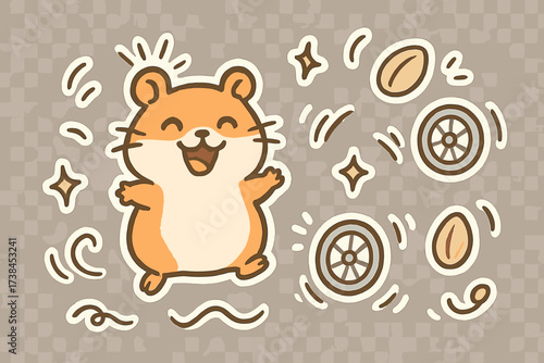 Happy Hamster Stickers. Cheerful doodle stickers: happy hamster, tiny wheels and seeds jumping, playful doodle details, white