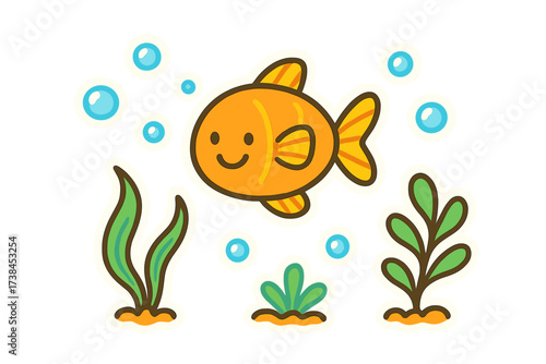 Cheerful Fish Doodles. Bright doodle stickers: smiling fish, tiny bubbles and plants waving, cheerful doodle charm, white outline,